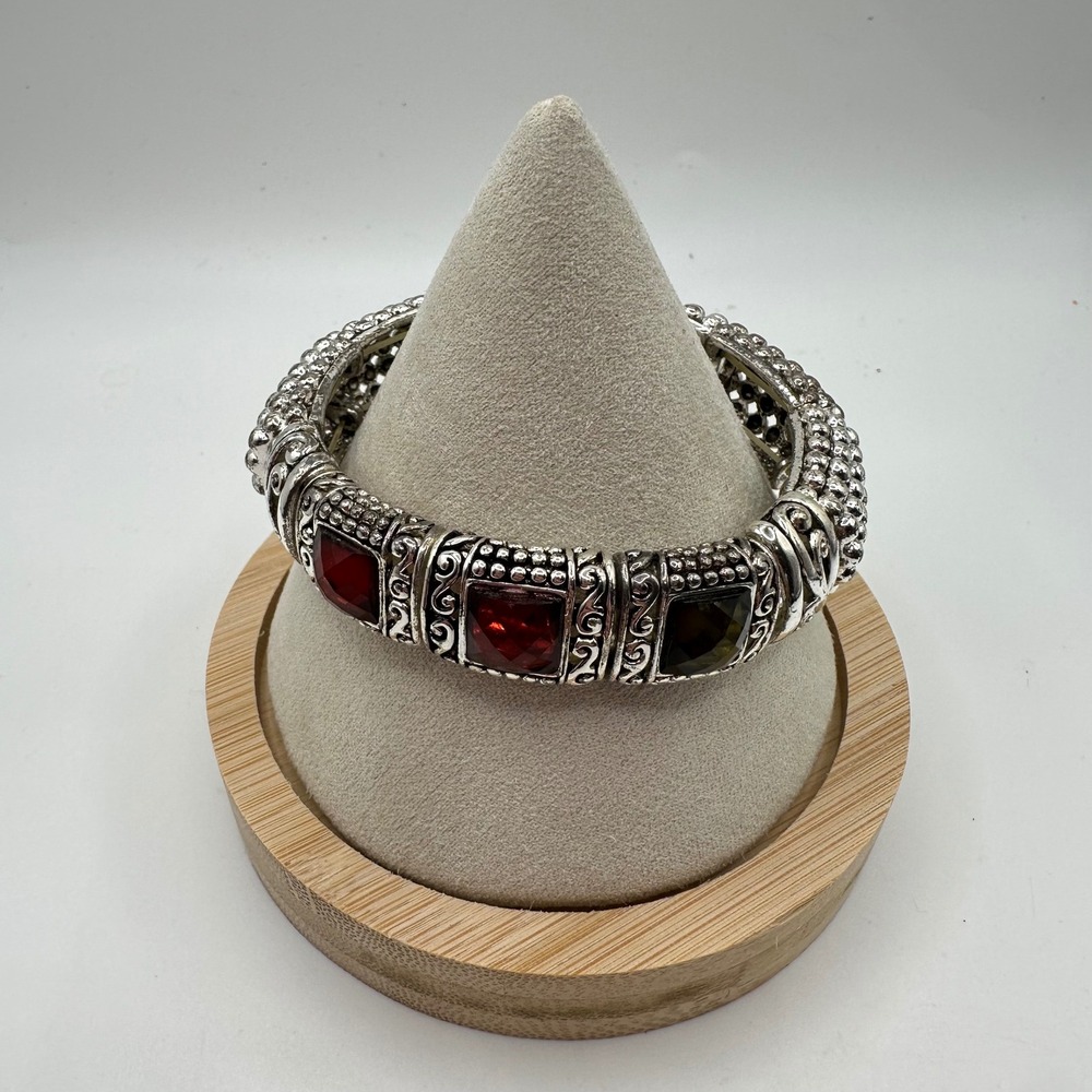 VTG Art Deco Style Silver Tone Stretch Bracelet Red Smoky Square Stones Heavy